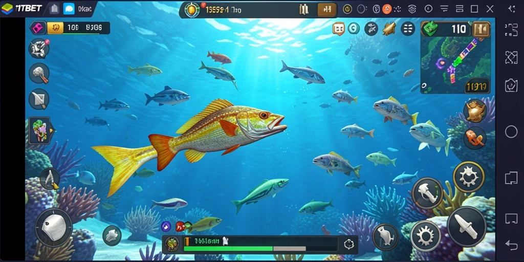Screenshot permainan Tembak Ikan yang seru menunjukkan ikan berwarna-warni.