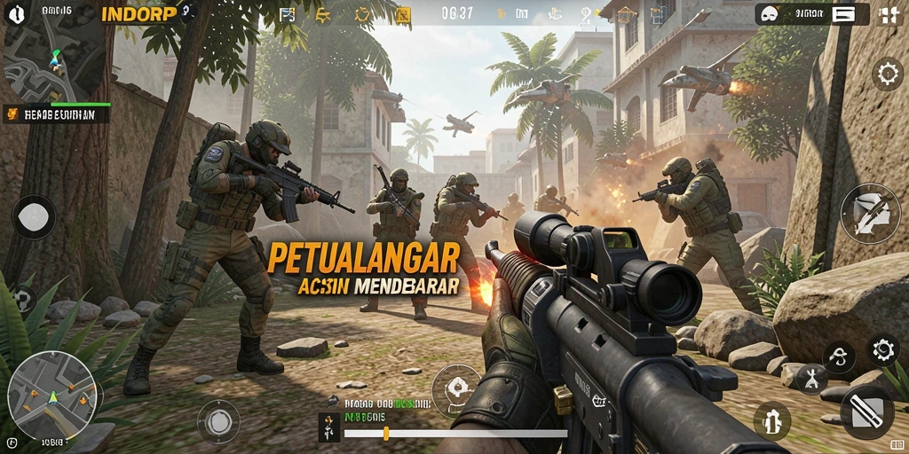 Gambar menunjukkan aksi menembak intens dalam gameplay INDORP.