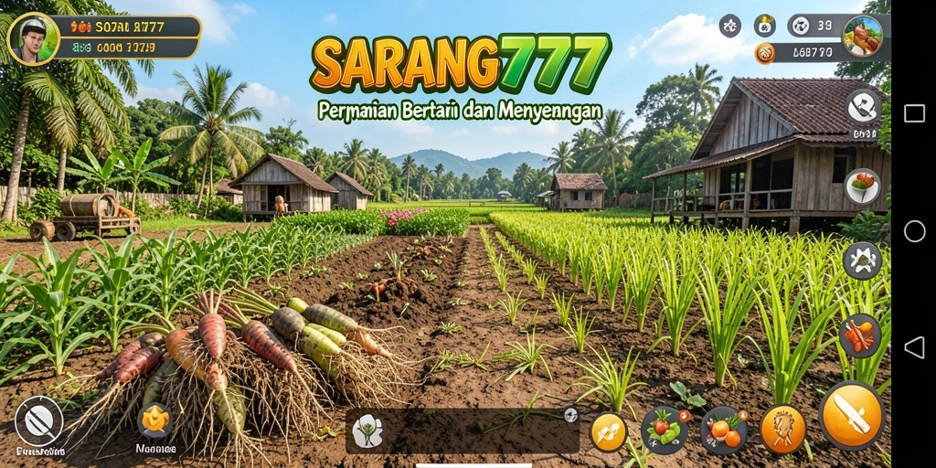 Tampilan gameplay SARANG777 dengan kebun yang indah dan tanaman subur.