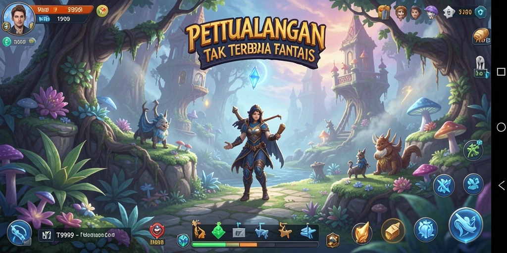 Tangkapan layar utama T9999 menampilkan aksi seru dalam dunia Adventure.
